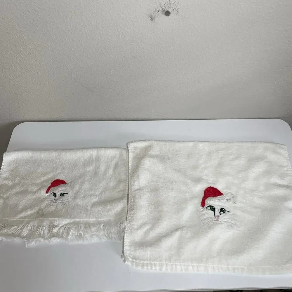 Vintage R.A. Briggs White Cat in Santa Hat 2 Hand Towels Christmas Decor